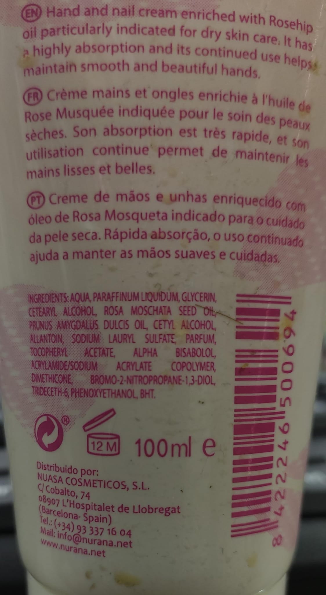 Nurana cosmetics rosa mosqueta crema para manos & uñas con aceite de rosa mosqueta 100ml