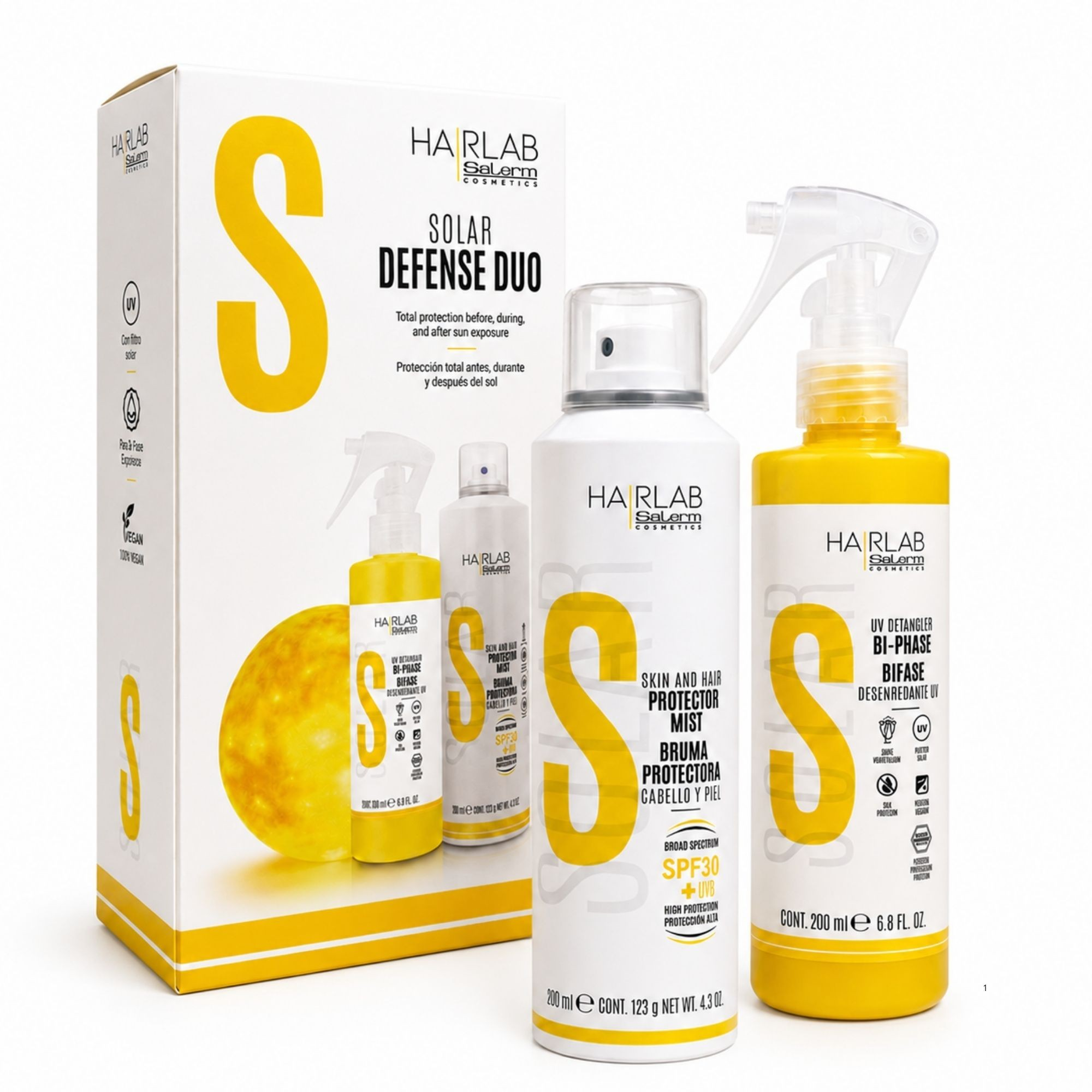 Salerm cosmetics solar defence duo protección capilar solar antes, después y durante el sol